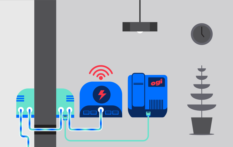 Illustration showing a router plugged into an Ogi connection box and home phone.