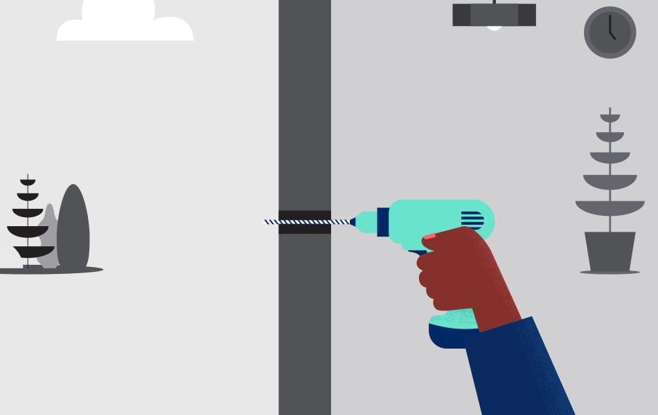 An illustration of a hand drilling a hole through a wall ready for the fibre cable to be pulled through.
