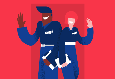 An illustration of two Ogi staff smiling and waving. Wearing navy Ogi uniform and holding clipboards.)
