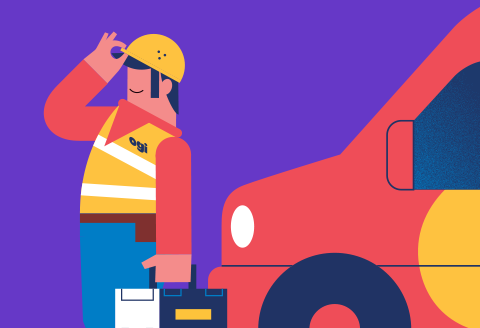 An Ogi engineer illustration standing in front of an Ogi van holding a tool box)